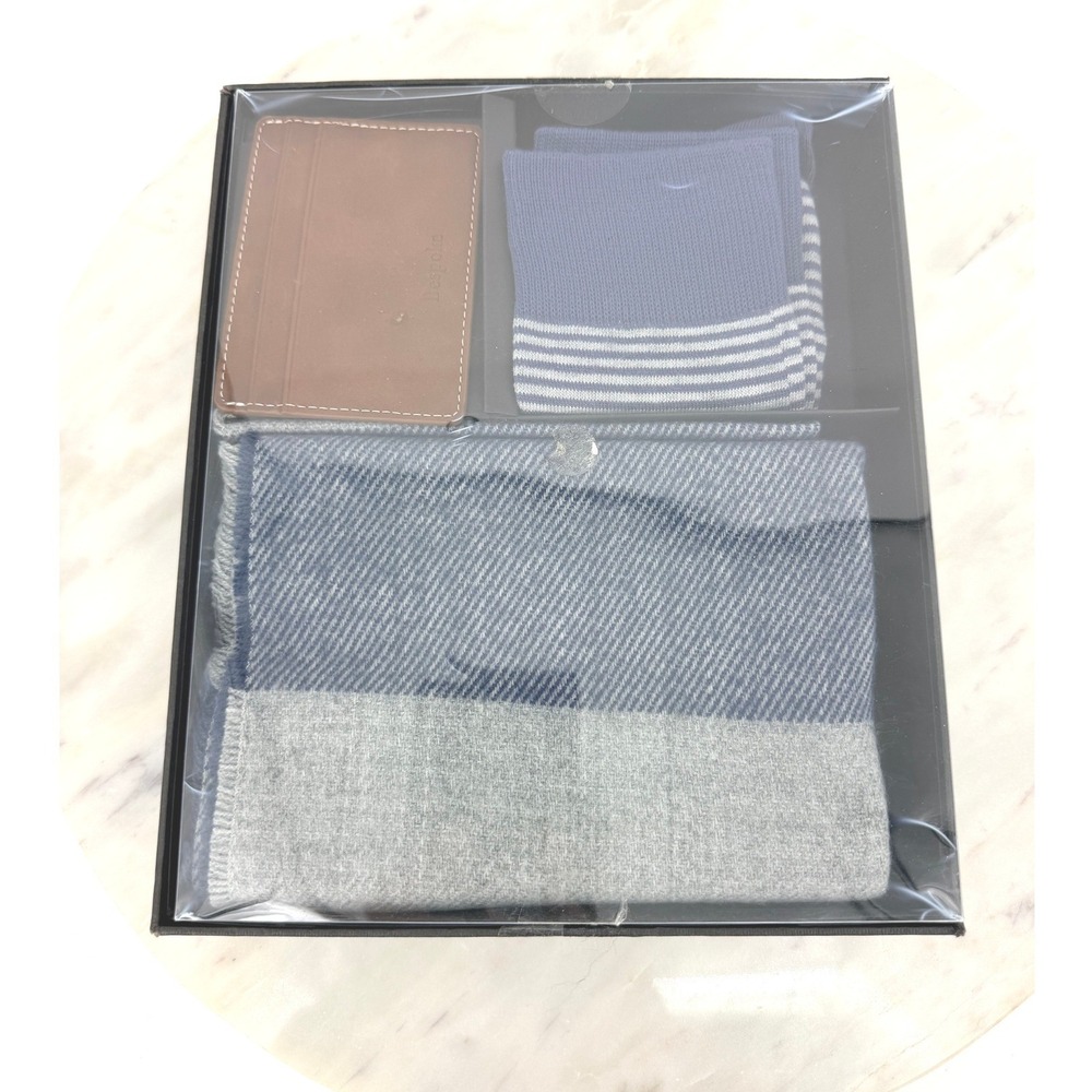 Bespoke Mens Gift Set Scarf Leather Wallet Striped Socks Blue Brown New